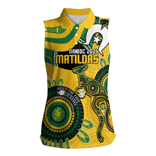 Custom Matildas NAIDOC Week Women Sleeveless Polo Shirt Australia Kangaroo Keep The Fire Burning - Yellow