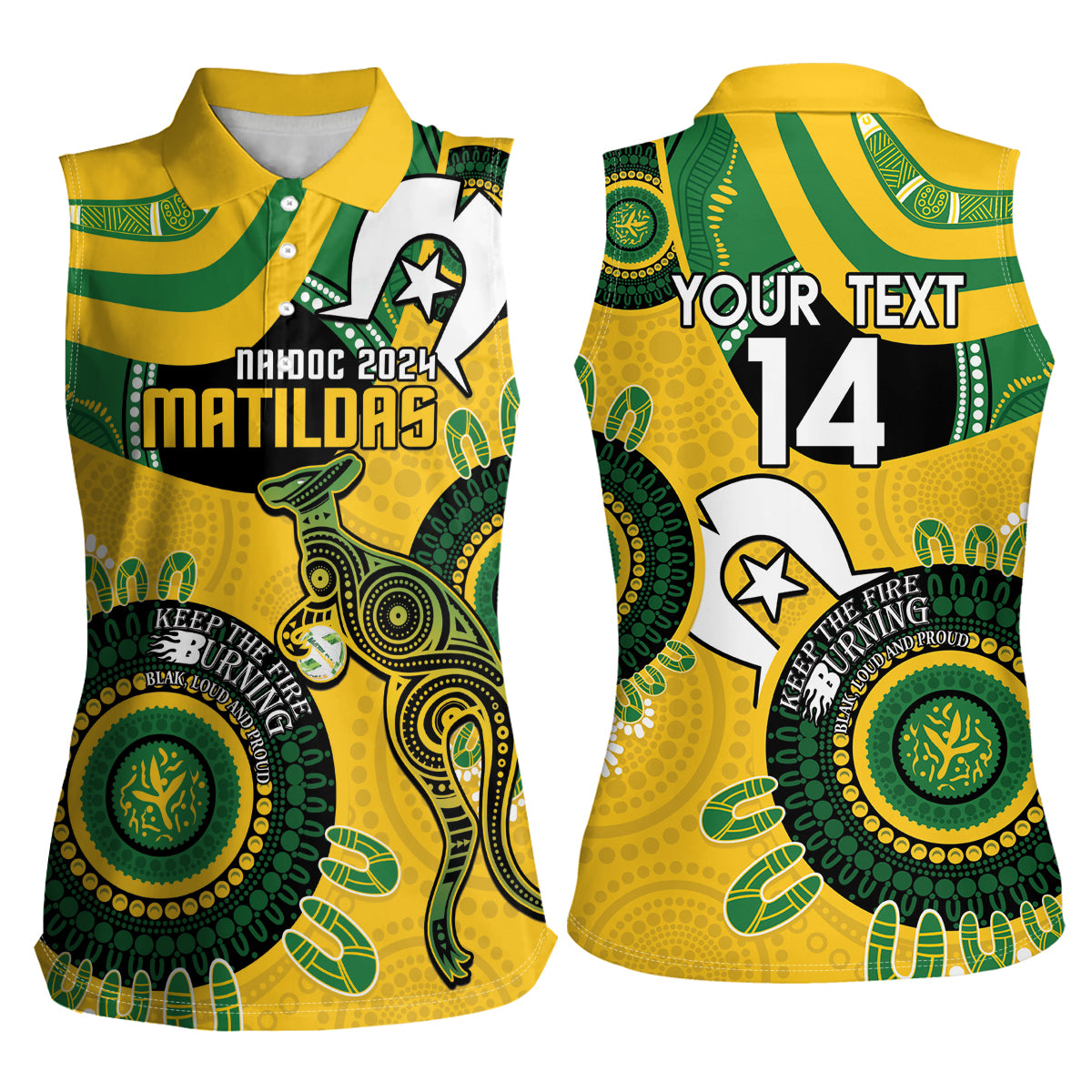 Custom Matildas NAIDOC Week Women Sleeveless Polo Shirt Australia Kangaroo Keep The Fire Burning - Yellow