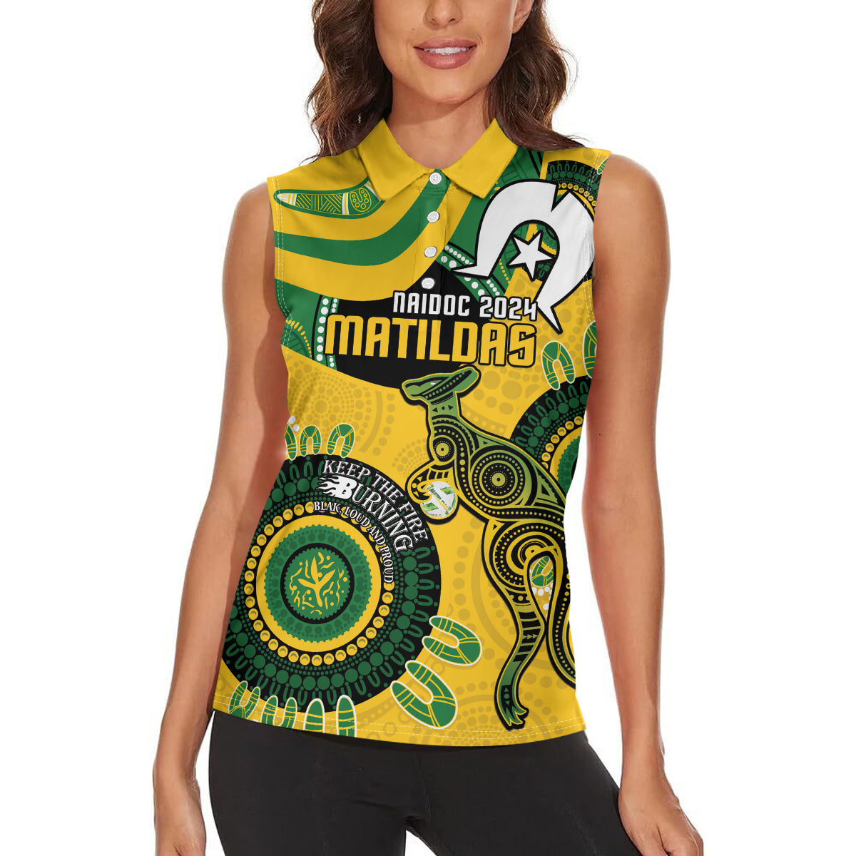 Custom Matildas NAIDOC Week Women Sleeveless Polo Shirt Australia Kangaroo Keep The Fire Burning - Yellow