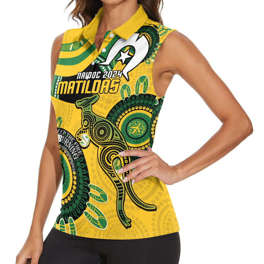 Custom Matildas NAIDOC Week Women Sleeveless Polo Shirt Australia Kangaroo Keep The Fire Burning - Yellow