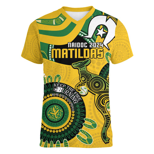 Custom Matildas NAIDOC Week Women V-Neck T-Shirt Australia Kangaroo Keep The Fire Burning - Yellow