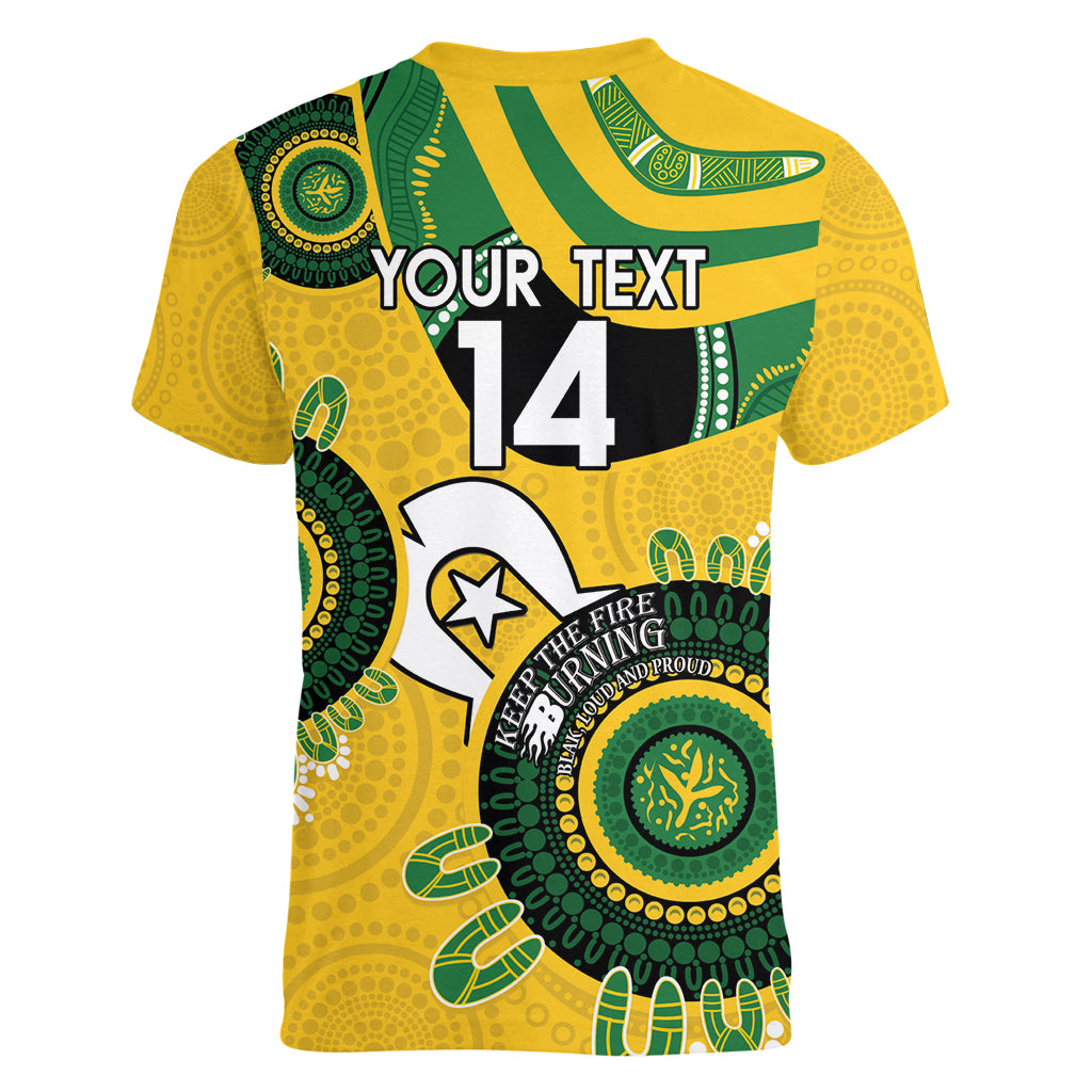 Custom Matildas NAIDOC Week Women V-Neck T-Shirt Australia Kangaroo Keep The Fire Burning - Yellow