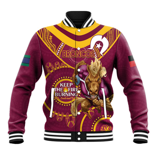 Custom NRL Broncos NAIDOC Week Baseball Jacket Keep The Fire Burning Indigenous Art