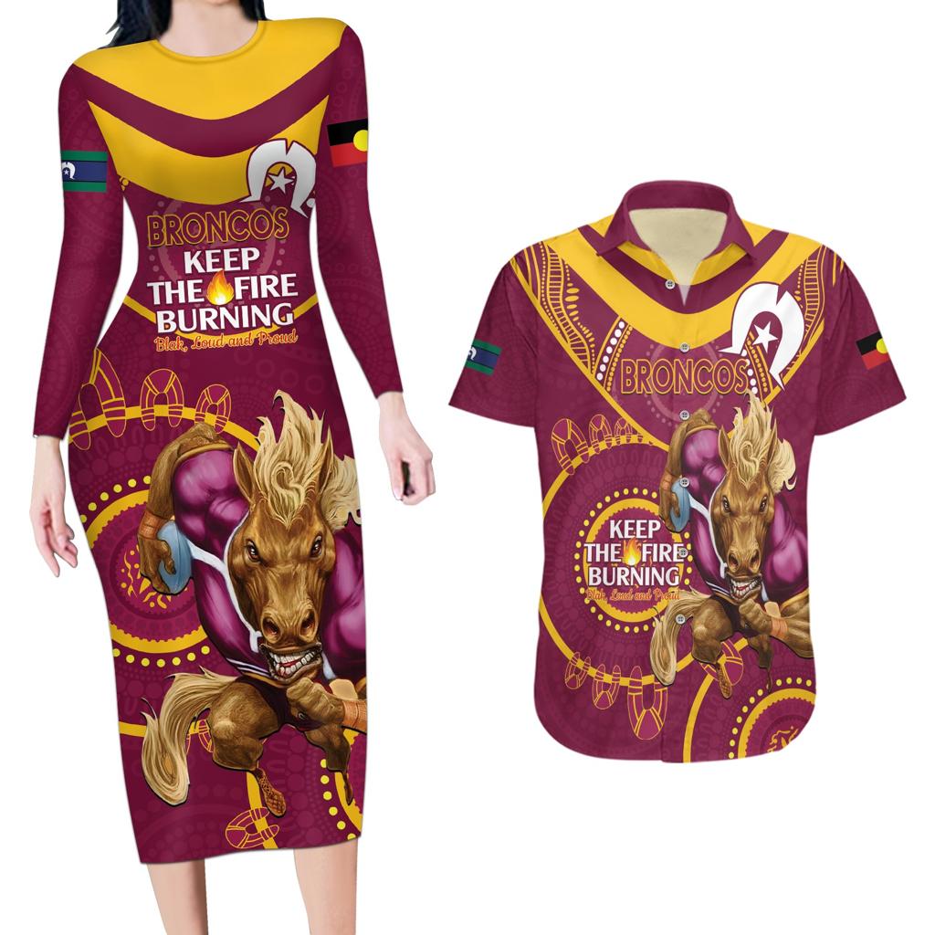 Custom NRL Broncos NAIDOC Week Couples Matching Long Sleeve Bodycon Dress and Hawaiian Shirt Keep The Fire Burning Indigenous Art