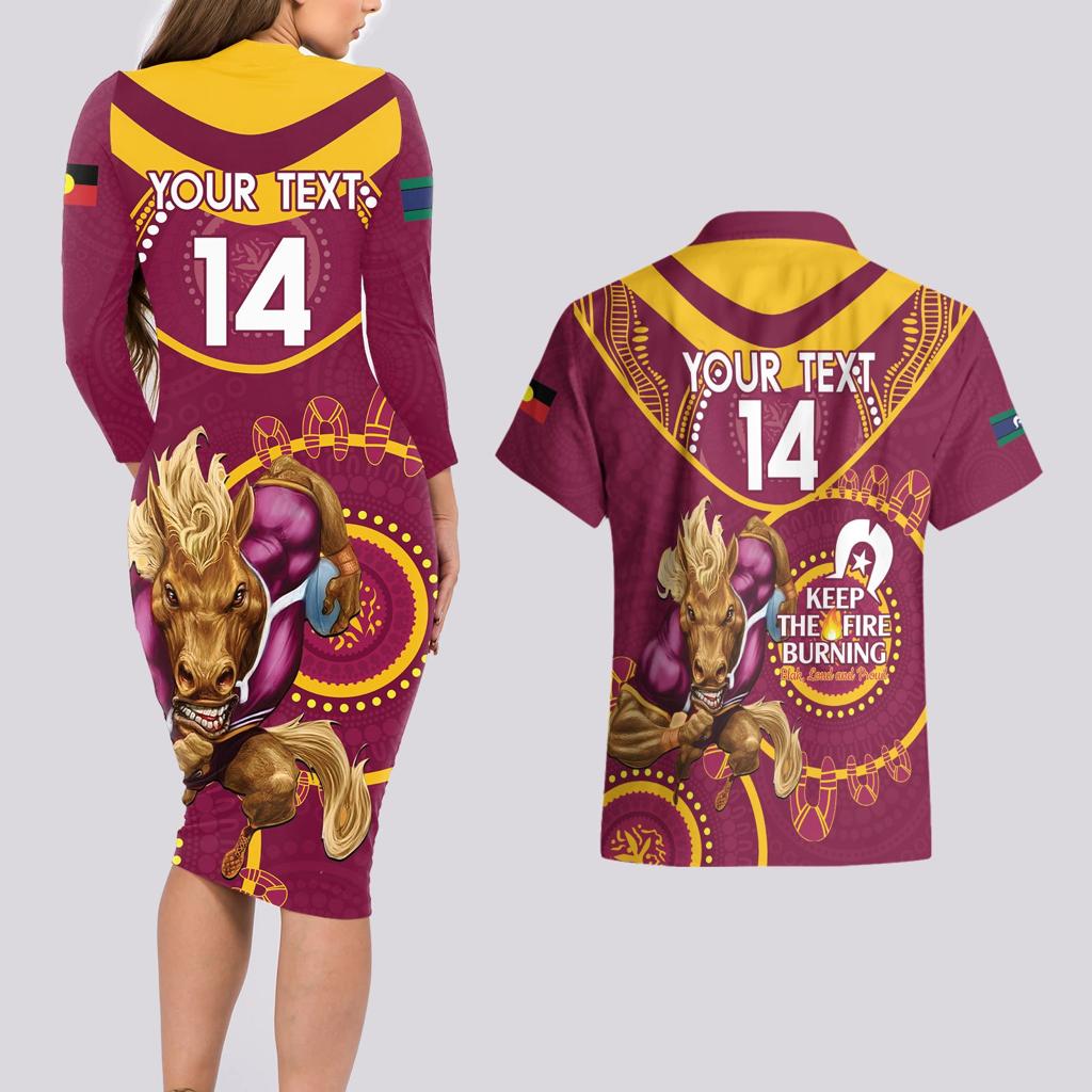 Custom NRL Broncos NAIDOC Week Couples Matching Long Sleeve Bodycon Dress and Hawaiian Shirt Keep The Fire Burning Indigenous Art