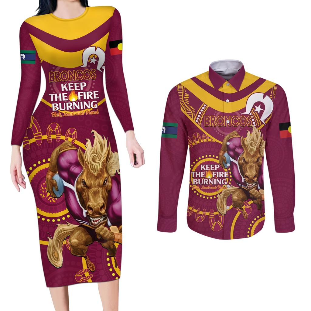 Custom NRL Broncos NAIDOC Week Couples Matching Long Sleeve Bodycon Dress and Long Sleeve Button Shirt Keep The Fire Burning Indigenous Art