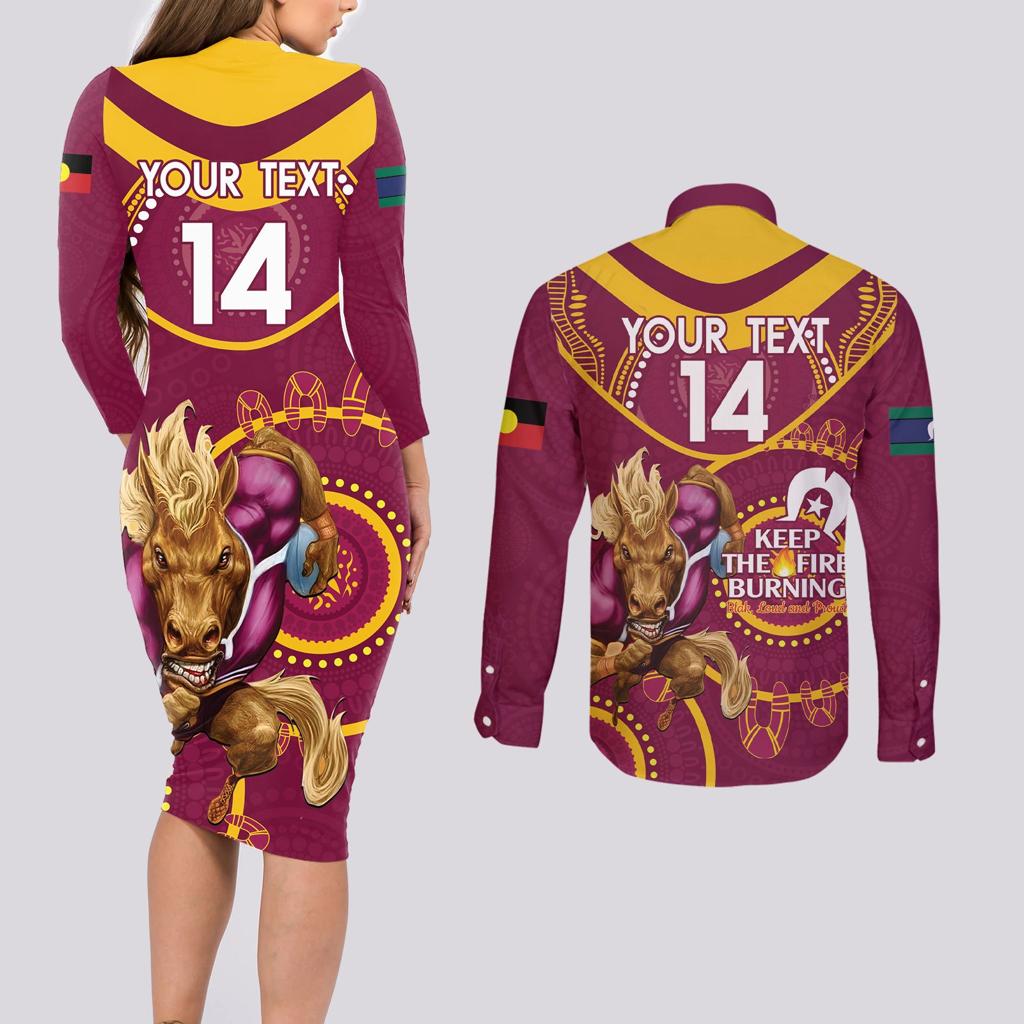 Custom NRL Broncos NAIDOC Week Couples Matching Long Sleeve Bodycon Dress and Long Sleeve Button Shirt Keep The Fire Burning Indigenous Art