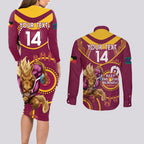 Custom NRL Broncos NAIDOC Week Couples Matching Long Sleeve Bodycon Dress and Long Sleeve Button Shirt Keep The Fire Burning Indigenous Art