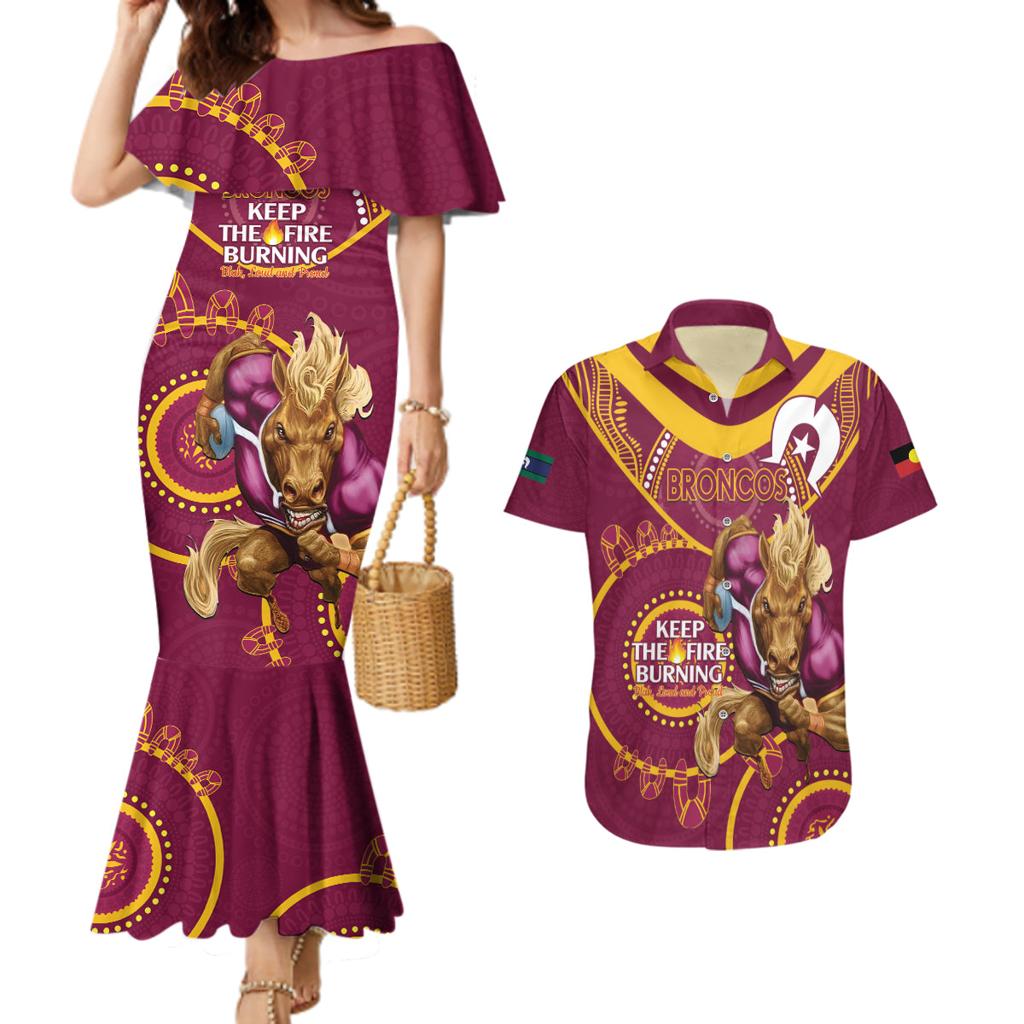 Custom NRL Broncos NAIDOC Week Couples Matching Mermaid Dress and Hawaiian Shirt Keep The Fire Burning Indigenous Art
