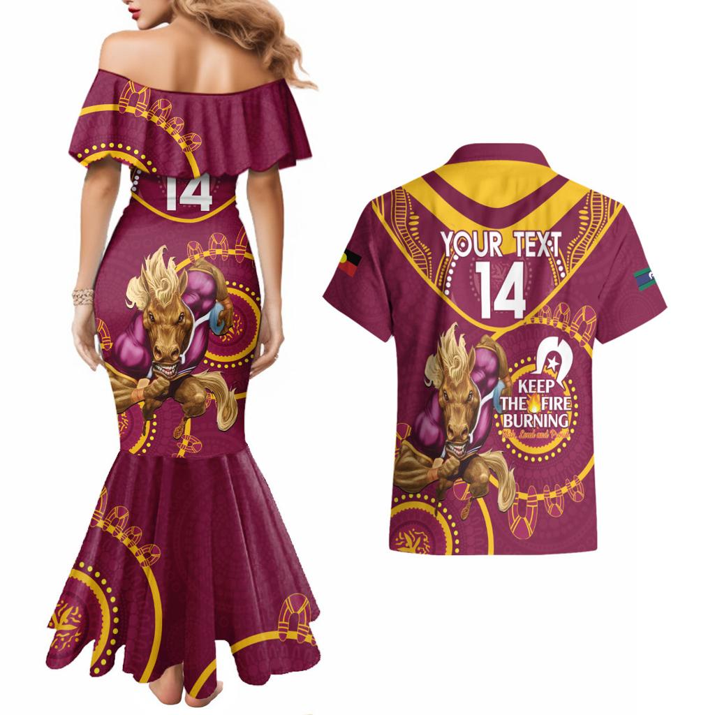 Custom NRL Broncos NAIDOC Week Couples Matching Mermaid Dress and Hawaiian Shirt Keep The Fire Burning Indigenous Art