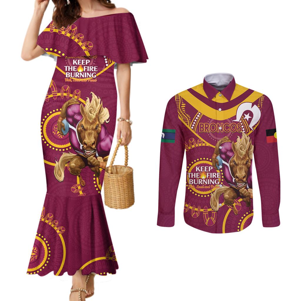 Custom NRL Broncos NAIDOC Week Couples Matching Mermaid Dress and Long Sleeve Button Shirt Keep The Fire Burning Indigenous Art