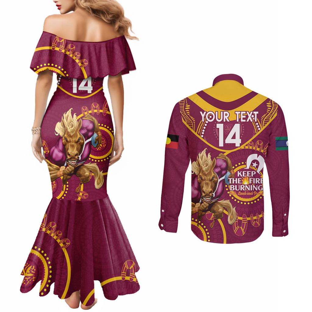 Custom NRL Broncos NAIDOC Week Couples Matching Mermaid Dress and Long Sleeve Button Shirt Keep The Fire Burning Indigenous Art