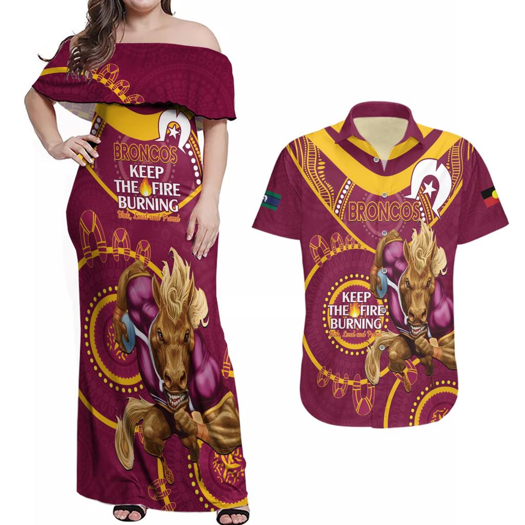 Custom NRL Broncos NAIDOC Week Couples Matching Off Shoulder Maxi Dress and Hawaiian Shirt Keep The Fire Burning Indigenous Art