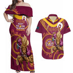 Custom NRL Broncos NAIDOC Week Couples Matching Off Shoulder Maxi Dress and Hawaiian Shirt Keep The Fire Burning Indigenous Art