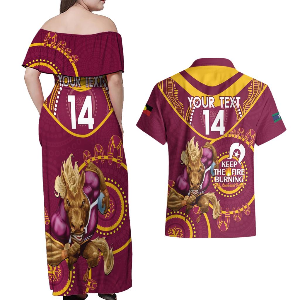 Custom NRL Broncos NAIDOC Week Couples Matching Off Shoulder Maxi Dress and Hawaiian Shirt Keep The Fire Burning Indigenous Art