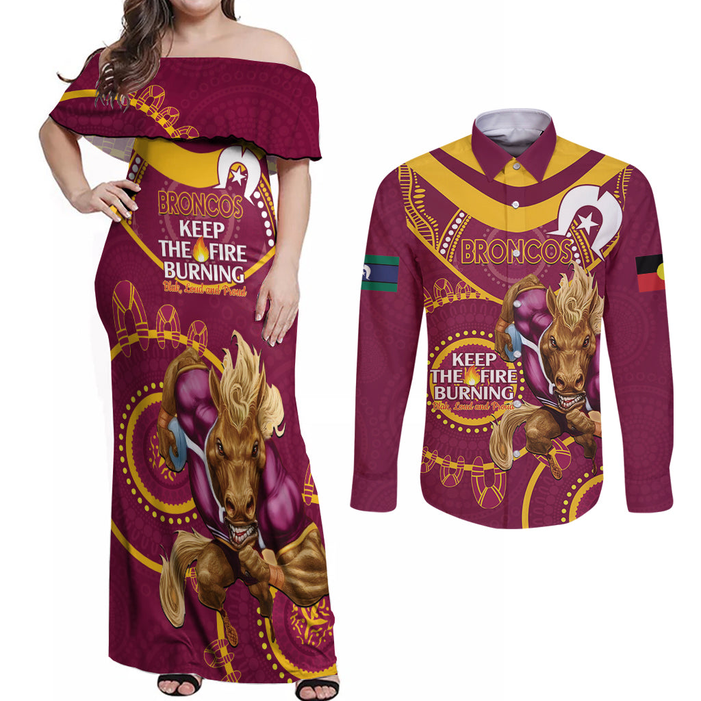 Custom NRL Broncos NAIDOC Week Couples Matching Off Shoulder Maxi Dress and Long Sleeve Button Shirt Keep The Fire Burning Indigenous Art