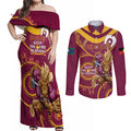 Custom NRL Broncos NAIDOC Week Couples Matching Off Shoulder Maxi Dress and Long Sleeve Button Shirt Keep The Fire Burning Indigenous Art
