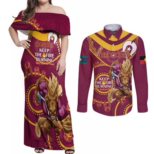 Custom NRL Broncos NAIDOC Week Couples Matching Off Shoulder Maxi Dress and Long Sleeve Button Shirt Keep The Fire Burning Indigenous Art