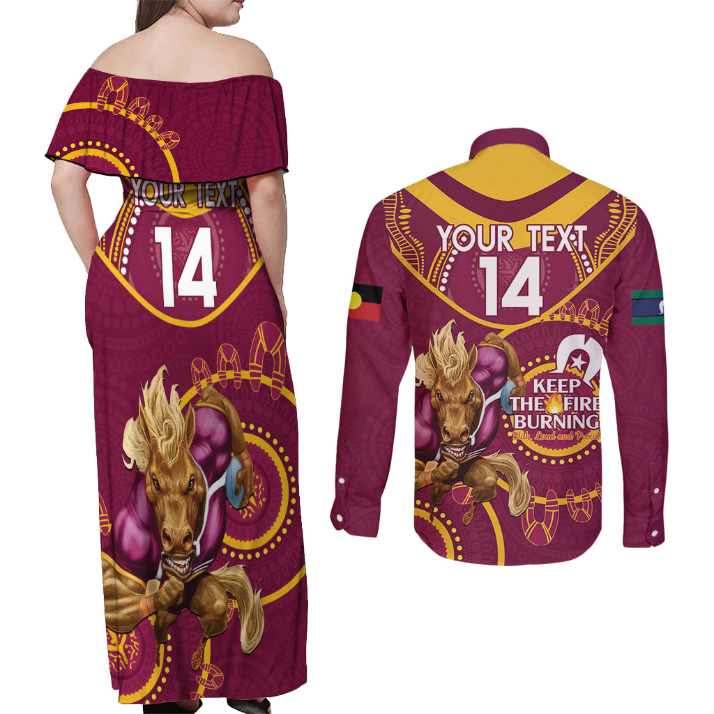 Custom NRL Broncos NAIDOC Week Couples Matching Off Shoulder Maxi Dress and Long Sleeve Button Shirt Keep The Fire Burning Indigenous Art