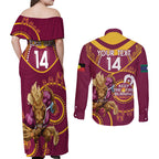 Custom NRL Broncos NAIDOC Week Couples Matching Off Shoulder Maxi Dress and Long Sleeve Button Shirt Keep The Fire Burning Indigenous Art