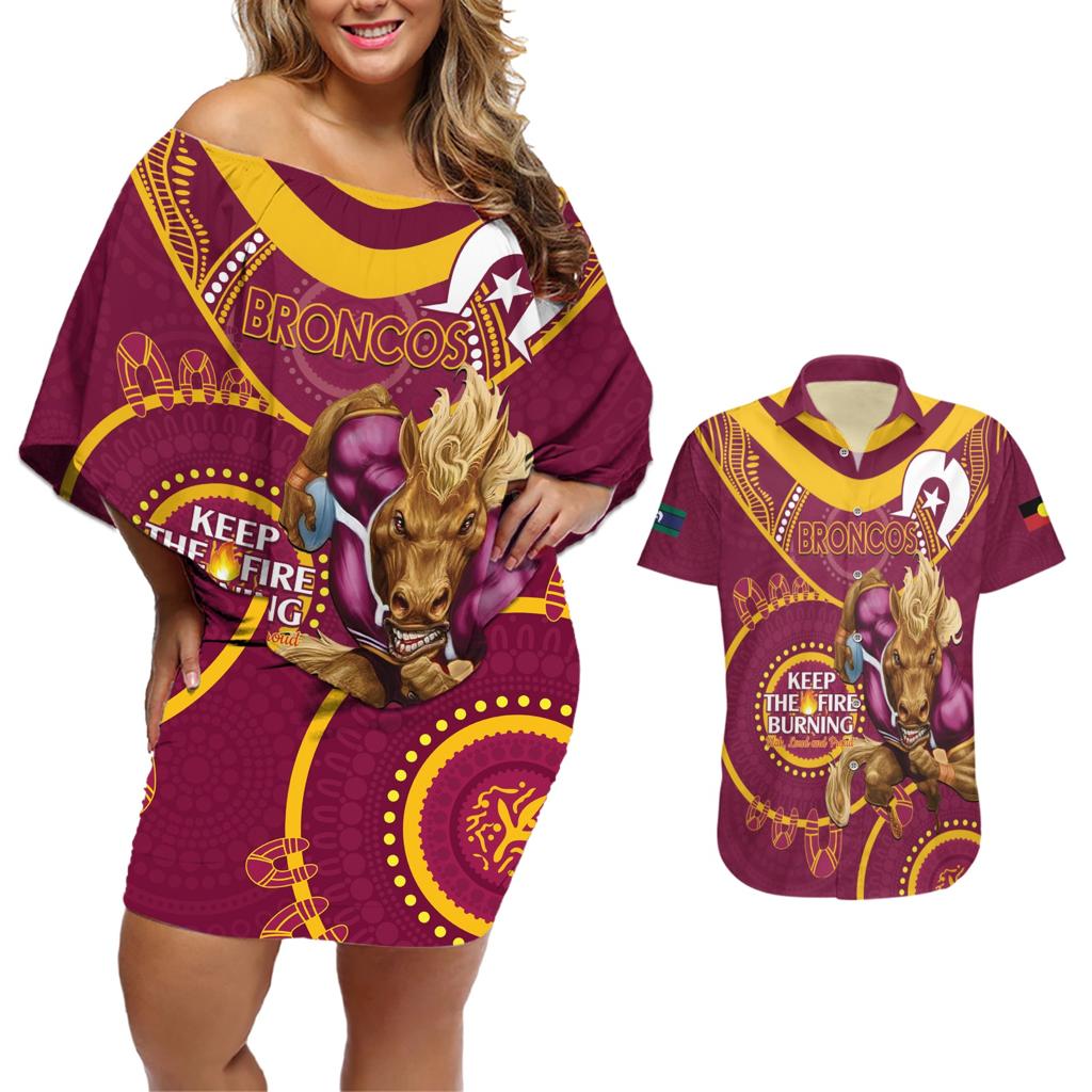 Custom NRL Broncos NAIDOC Week Couples Matching Off Shoulder Short Dress and Hawaiian Shirt Keep The Fire Burning Indigenous Art