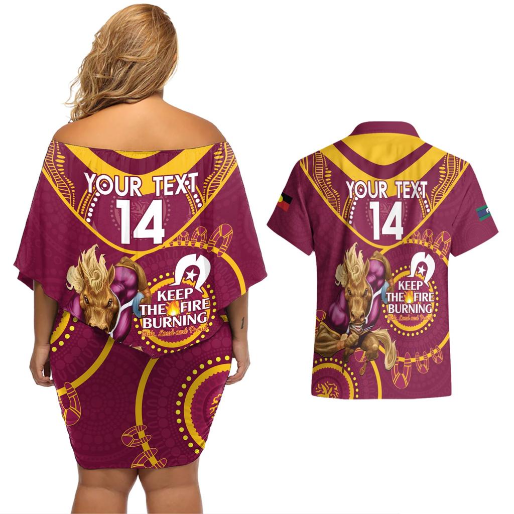 Custom NRL Broncos NAIDOC Week Couples Matching Off Shoulder Short Dress and Hawaiian Shirt Keep The Fire Burning Indigenous Art