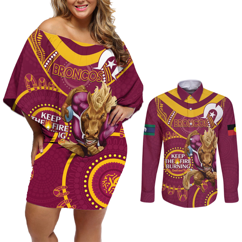Custom NRL Broncos NAIDOC Week Couples Matching Off Shoulder Short Dress and Long Sleeve Button Shirt Keep The Fire Burning Indigenous Art