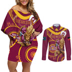 Custom NRL Broncos NAIDOC Week Couples Matching Off Shoulder Short Dress and Long Sleeve Button Shirt Keep The Fire Burning Indigenous Art