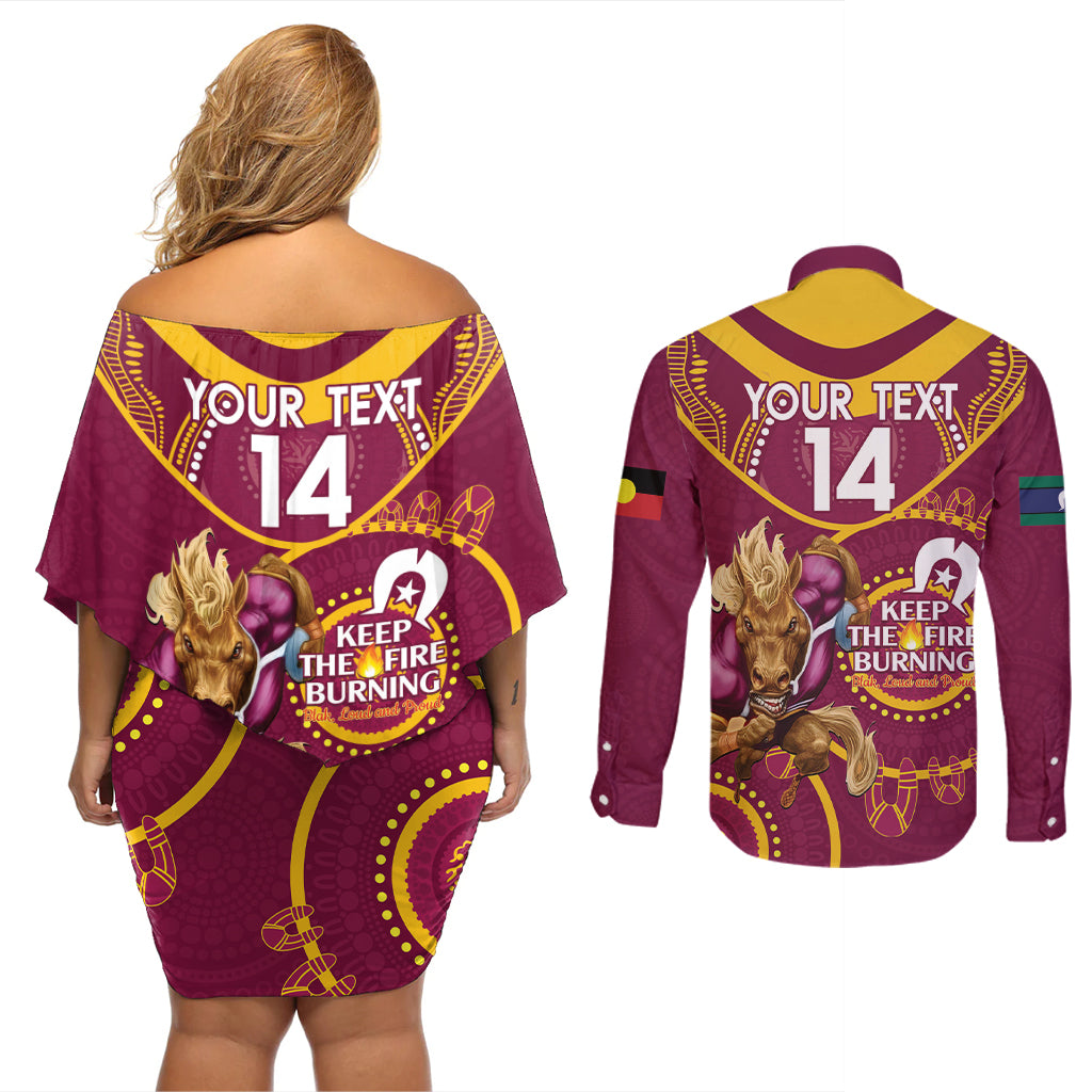 Custom NRL Broncos NAIDOC Week Couples Matching Off Shoulder Short Dress and Long Sleeve Button Shirt Keep The Fire Burning Indigenous Art