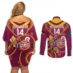 Custom NRL Broncos NAIDOC Week Couples Matching Off Shoulder Short Dress and Long Sleeve Button Shirt Keep The Fire Burning Indigenous Art