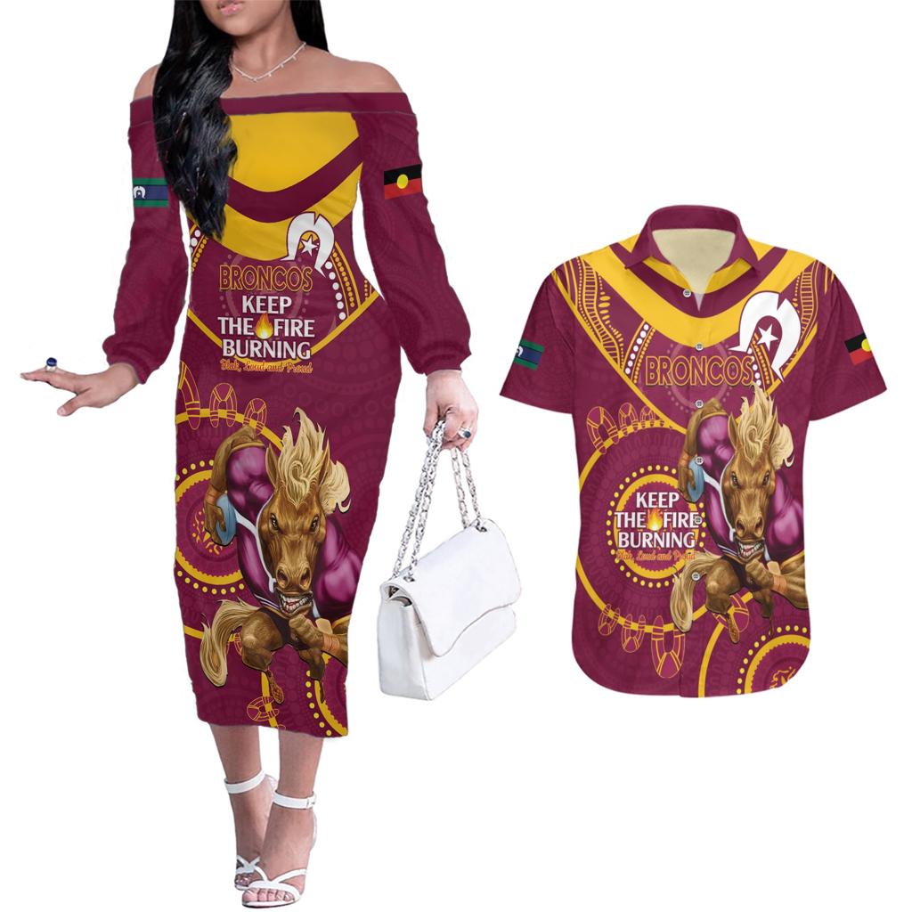 Custom NRL Broncos NAIDOC Week Couples Matching Off The Shoulder Long Sleeve Dress and Hawaiian Shirt Keep The Fire Burning Indigenous Art