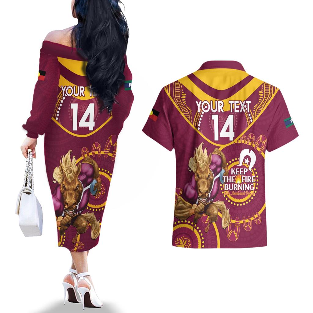 Custom NRL Broncos NAIDOC Week Couples Matching Off The Shoulder Long Sleeve Dress and Hawaiian Shirt Keep The Fire Burning Indigenous Art