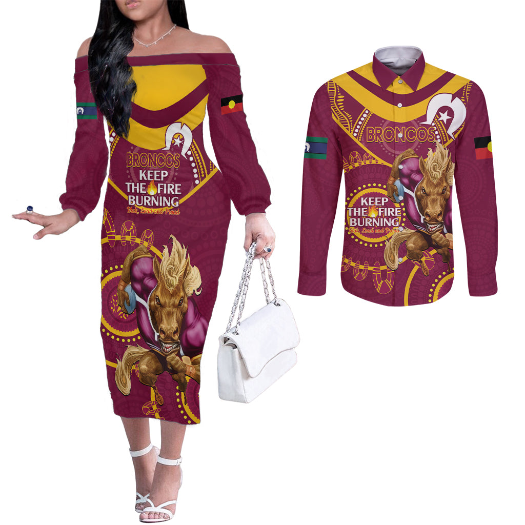 Custom NRL Broncos NAIDOC Week Couples Matching Off The Shoulder Long Sleeve Dress and Long Sleeve Button Shirt Keep The Fire Burning Indigenous Art