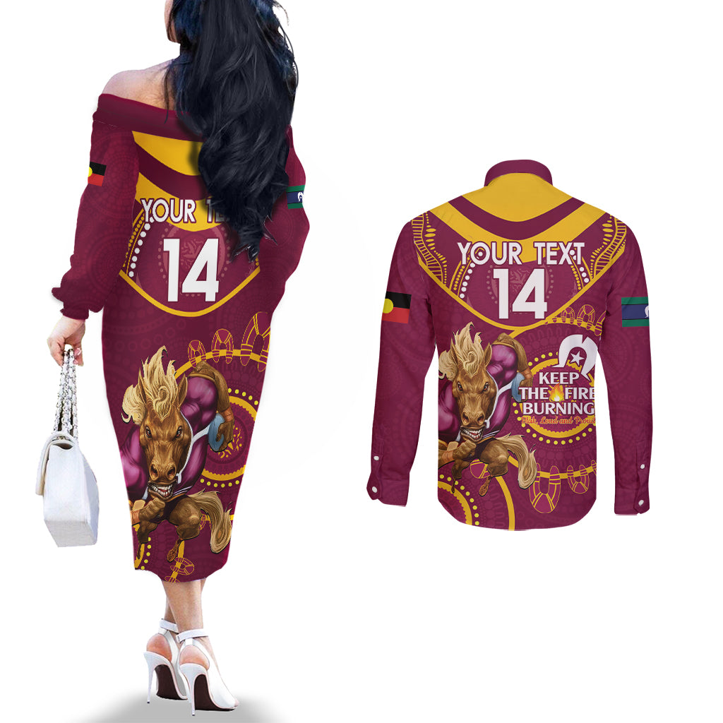 Custom NRL Broncos NAIDOC Week Couples Matching Off The Shoulder Long Sleeve Dress and Long Sleeve Button Shirt Keep The Fire Burning Indigenous Art