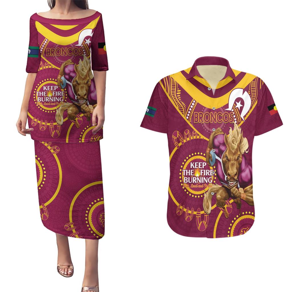 Custom NRL Broncos NAIDOC Week Couples Matching Puletasi and Hawaiian Shirt Keep The Fire Burning Indigenous Art