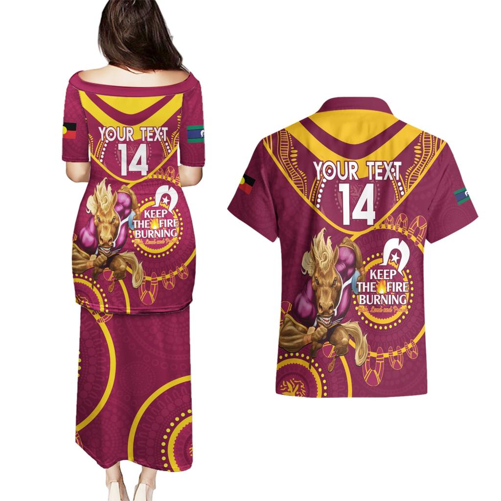 Custom NRL Broncos NAIDOC Week Couples Matching Puletasi and Hawaiian Shirt Keep The Fire Burning Indigenous Art