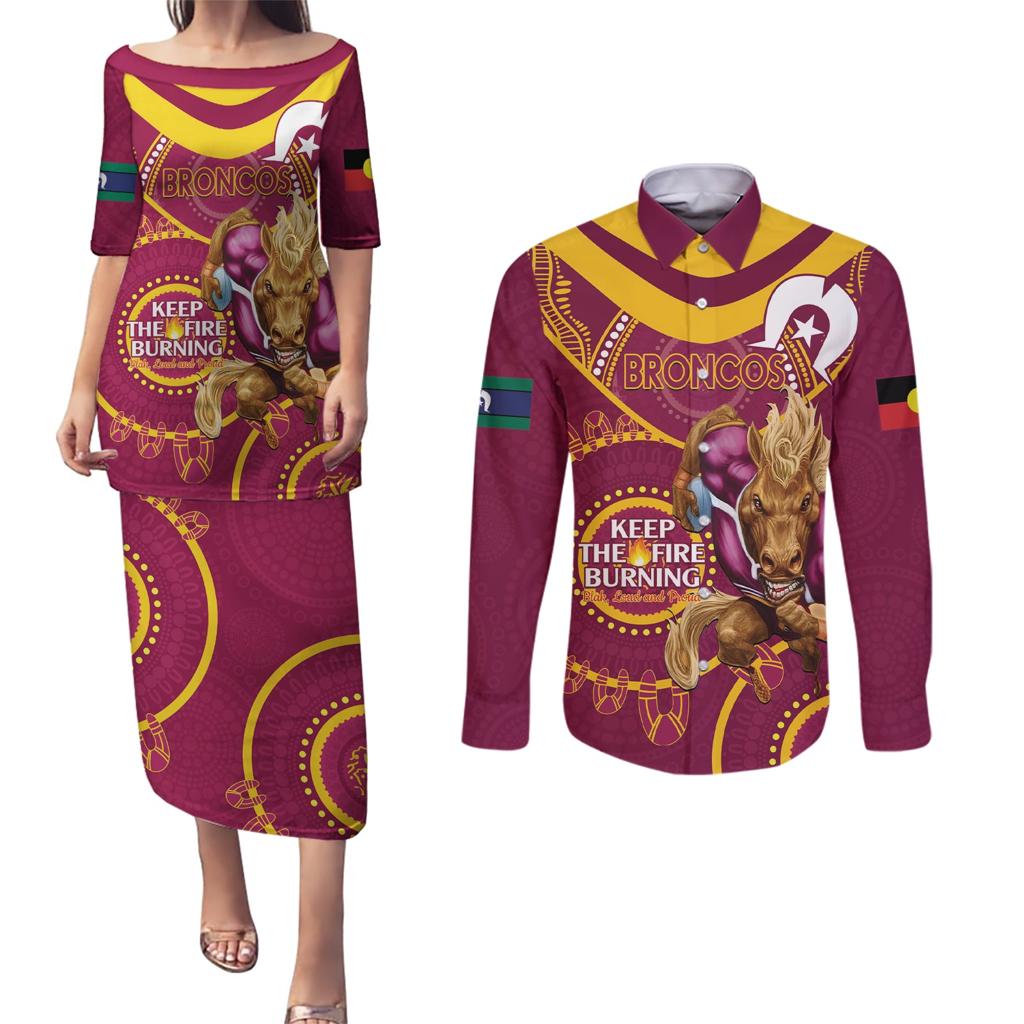 Custom NRL Broncos NAIDOC Week Couples Matching Puletasi and Long Sleeve Button Shirt Keep The Fire Burning Indigenous Art