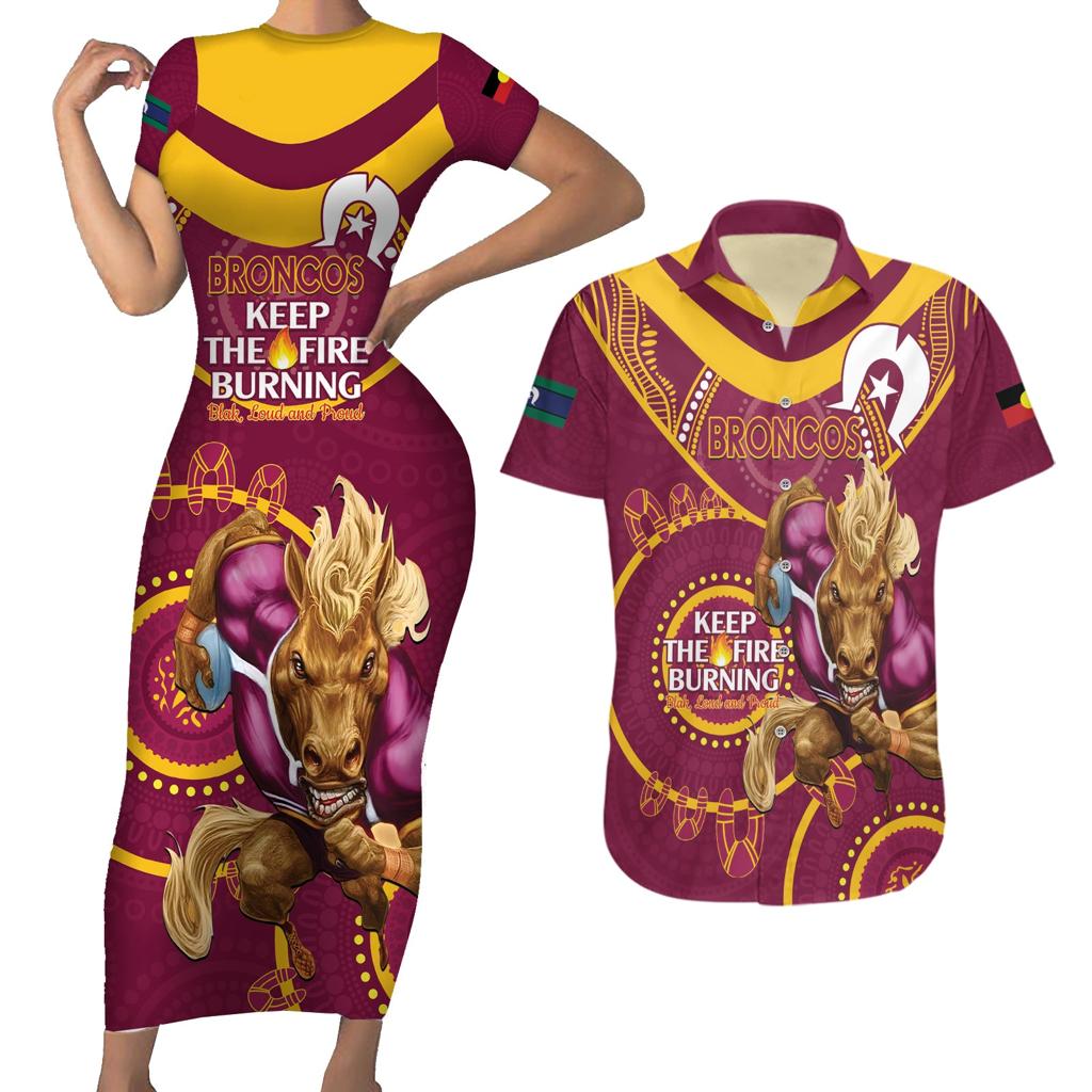 Custom NRL Broncos NAIDOC Week Couples Matching Short Sleeve Bodycon Dress and Hawaiian Shirt Keep The Fire Burning Indigenous Art