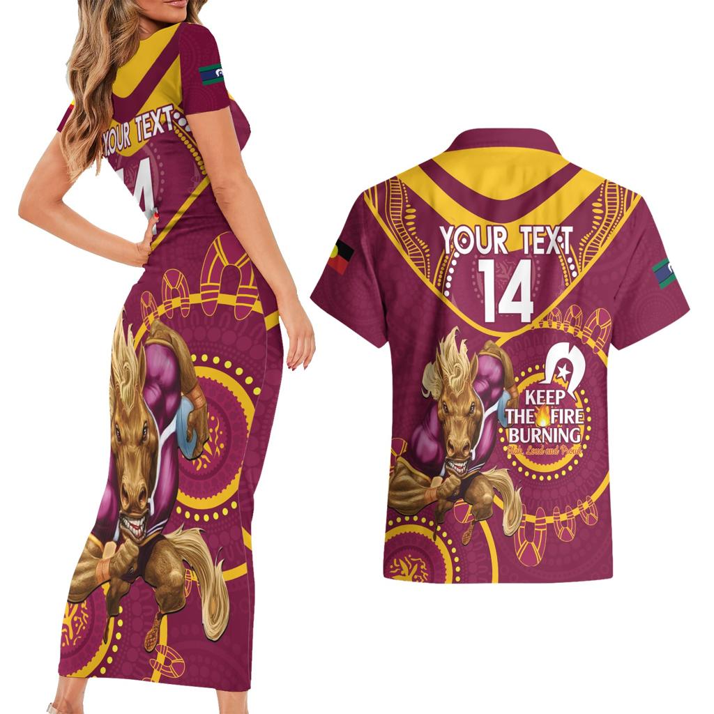 Custom NRL Broncos NAIDOC Week Couples Matching Short Sleeve Bodycon Dress and Hawaiian Shirt Keep The Fire Burning Indigenous Art