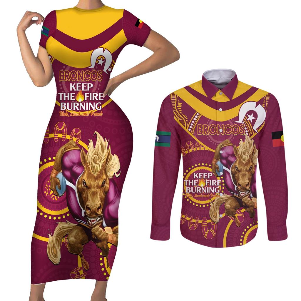 Custom NRL Broncos NAIDOC Week Couples Matching Short Sleeve Bodycon Dress and Long Sleeve Button Shirt Keep The Fire Burning Indigenous Art