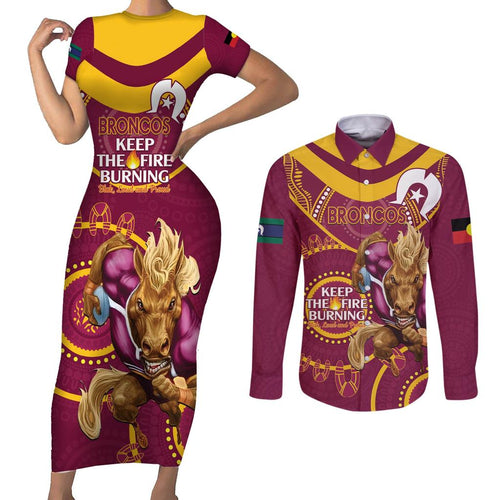 Custom NRL Broncos NAIDOC Week Couples Matching Short Sleeve Bodycon Dress and Long Sleeve Button Shirt Keep The Fire Burning Indigenous Art