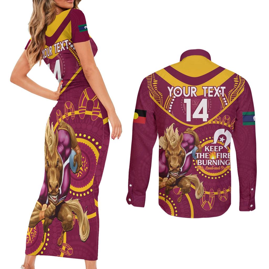 Custom NRL Broncos NAIDOC Week Couples Matching Short Sleeve Bodycon Dress and Long Sleeve Button Shirt Keep The Fire Burning Indigenous Art