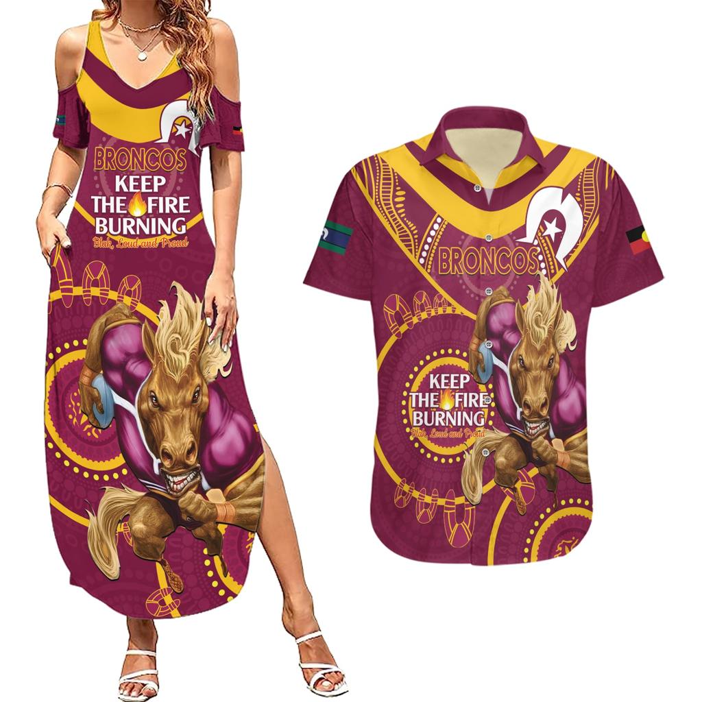 Custom NRL Broncos NAIDOC Week Couples Matching Summer Maxi Dress and Hawaiian Shirt Keep The Fire Burning Indigenous Art