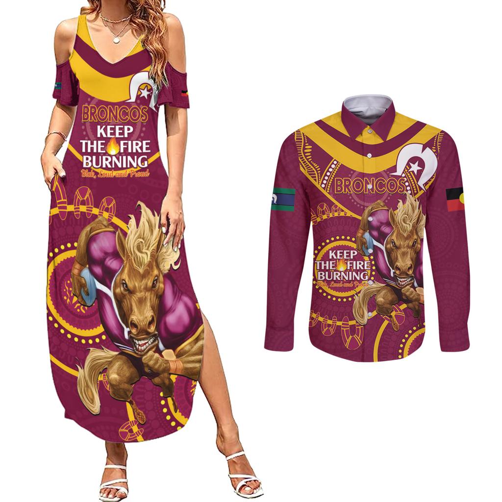Custom NRL Broncos NAIDOC Week Couples Matching Summer Maxi Dress and Long Sleeve Button Shirt Keep The Fire Burning Indigenous Art