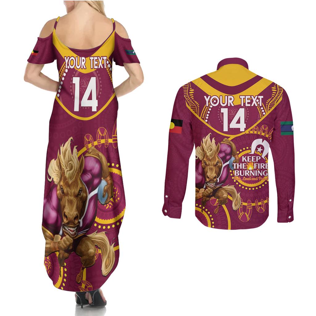 Custom NRL Broncos NAIDOC Week Couples Matching Summer Maxi Dress and Long Sleeve Button Shirt Keep The Fire Burning Indigenous Art