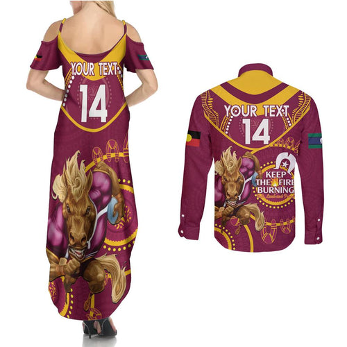 Custom NRL Broncos NAIDOC Week Couples Matching Summer Maxi Dress and Long Sleeve Button Shirt Keep The Fire Burning Indigenous Art