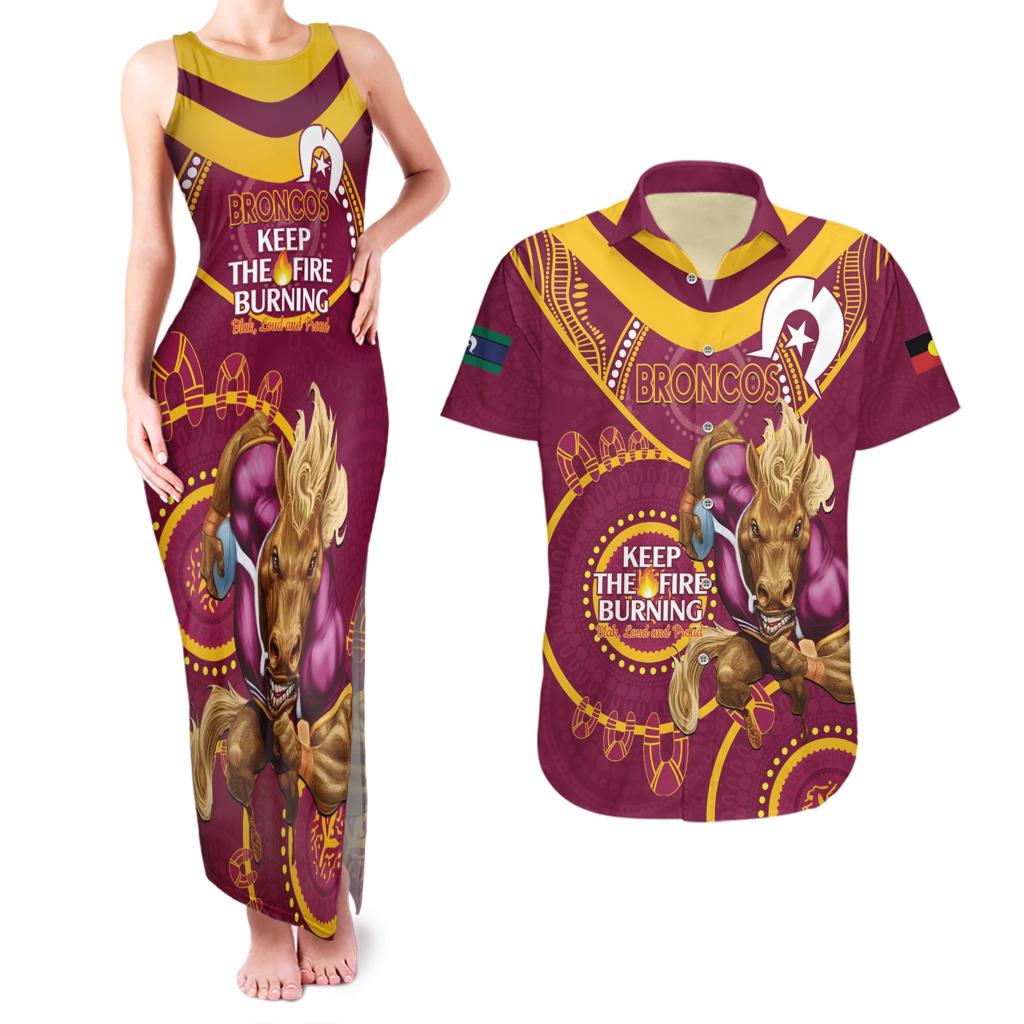 Custom NRL Broncos NAIDOC Week Couples Matching Tank Maxi Dress and Hawaiian Shirt Keep The Fire Burning Indigenous Art