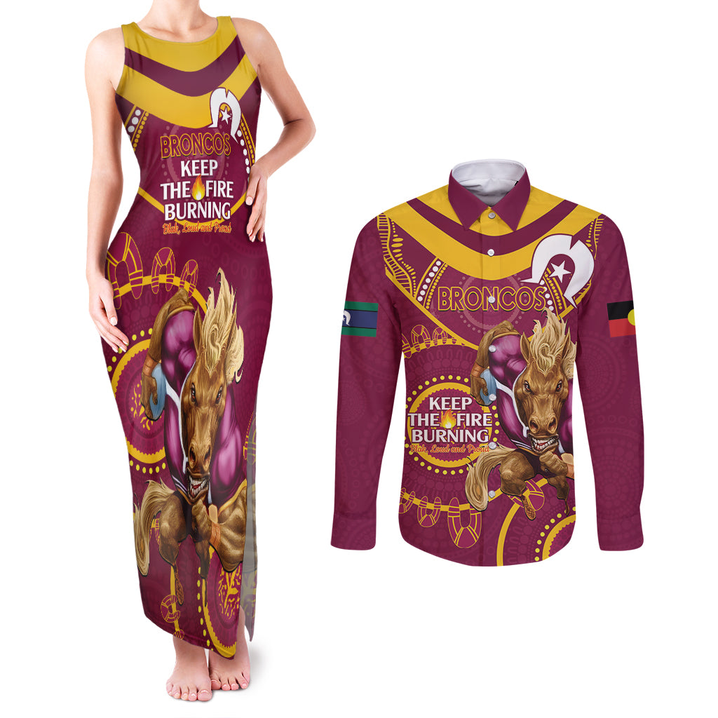 Custom NRL Broncos NAIDOC Week Couples Matching Tank Maxi Dress and Long Sleeve Button Shirt Keep The Fire Burning Indigenous Art