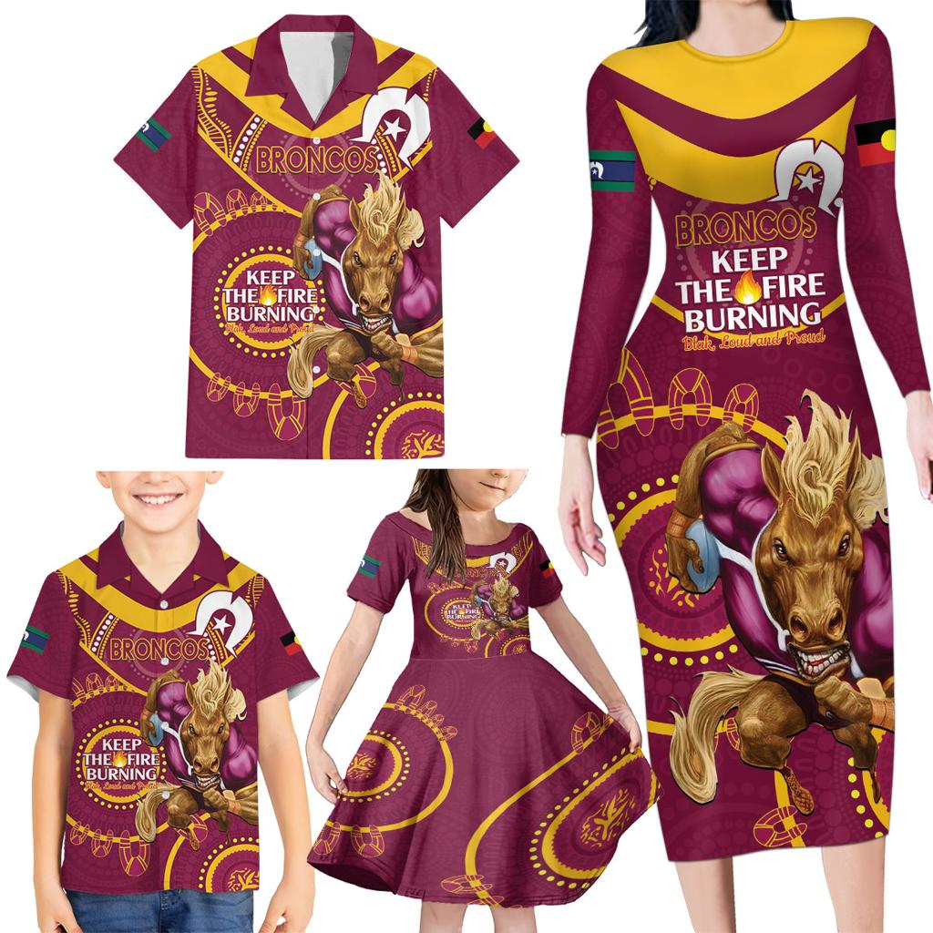 Custom NRL Broncos NAIDOC Week Family Matching Long Sleeve Bodycon Dress and Hawaiian Shirt Keep The Fire Burning Indigenous Art