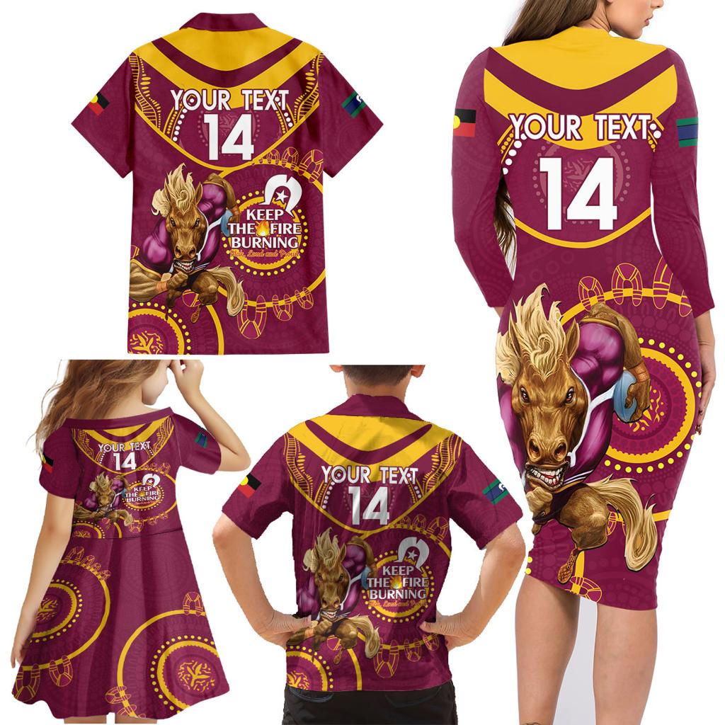 Custom NRL Broncos NAIDOC Week Family Matching Long Sleeve Bodycon Dress and Hawaiian Shirt Keep The Fire Burning Indigenous Art